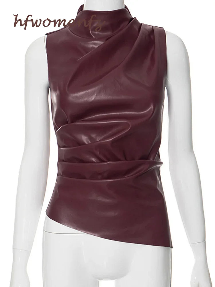 PU Leather Top Sleeveless Women Turtleneck Zipper Pleated Asymmetrical Sleeveless