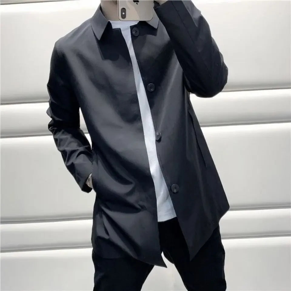 New 2025 Spring-autumn Fashionable Casual Loose-fit Versatile Medium-length Trench Coat For Men Thin Regular Lapel
