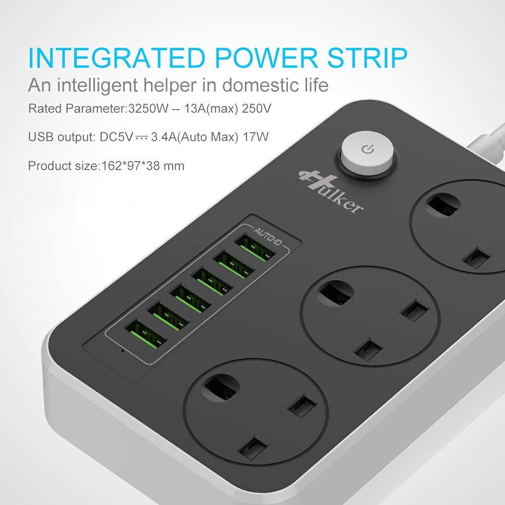 Hulker Power Strips with USB ports 3 Way Outlets 6 USB Ports Power Socket with 2M Bold Extension Cord Smart USB Charger UK Socket