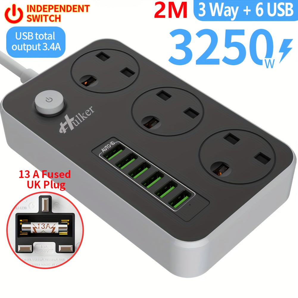 Hulker Power Strips with USB ports 3 Way Outlets 6 USB Ports Power Socket with 2M Bold Extension Cord Smart USB Charger UK Socket