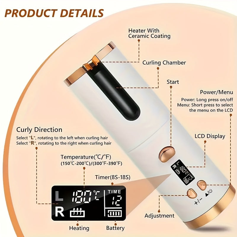 Automatic Hair Curler, Cordless Portable Rotating Curling Wand