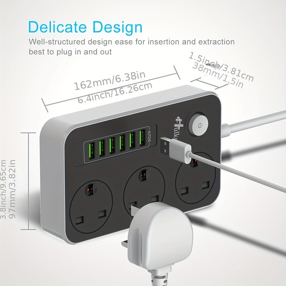 Hulker Power Strips with USB ports 3 Way Outlets 6 USB Ports Power Socket with 2M Bold Extension Cord Smart USB Charger UK Socket