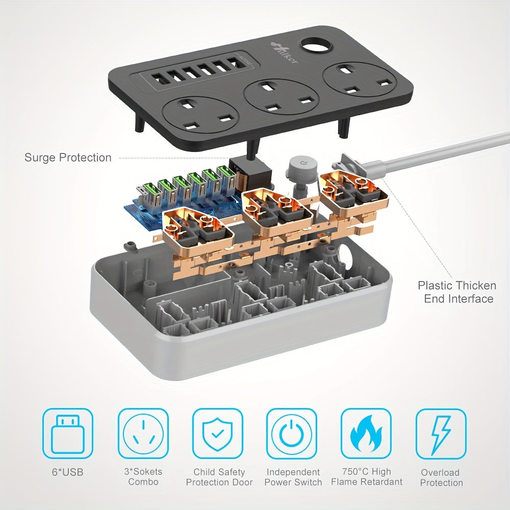 Hulker Power Strips with USB ports 3 Way Outlets 6 USB Ports Power Socket with 2M Bold Extension Cord Smart USB Charger UK Socket