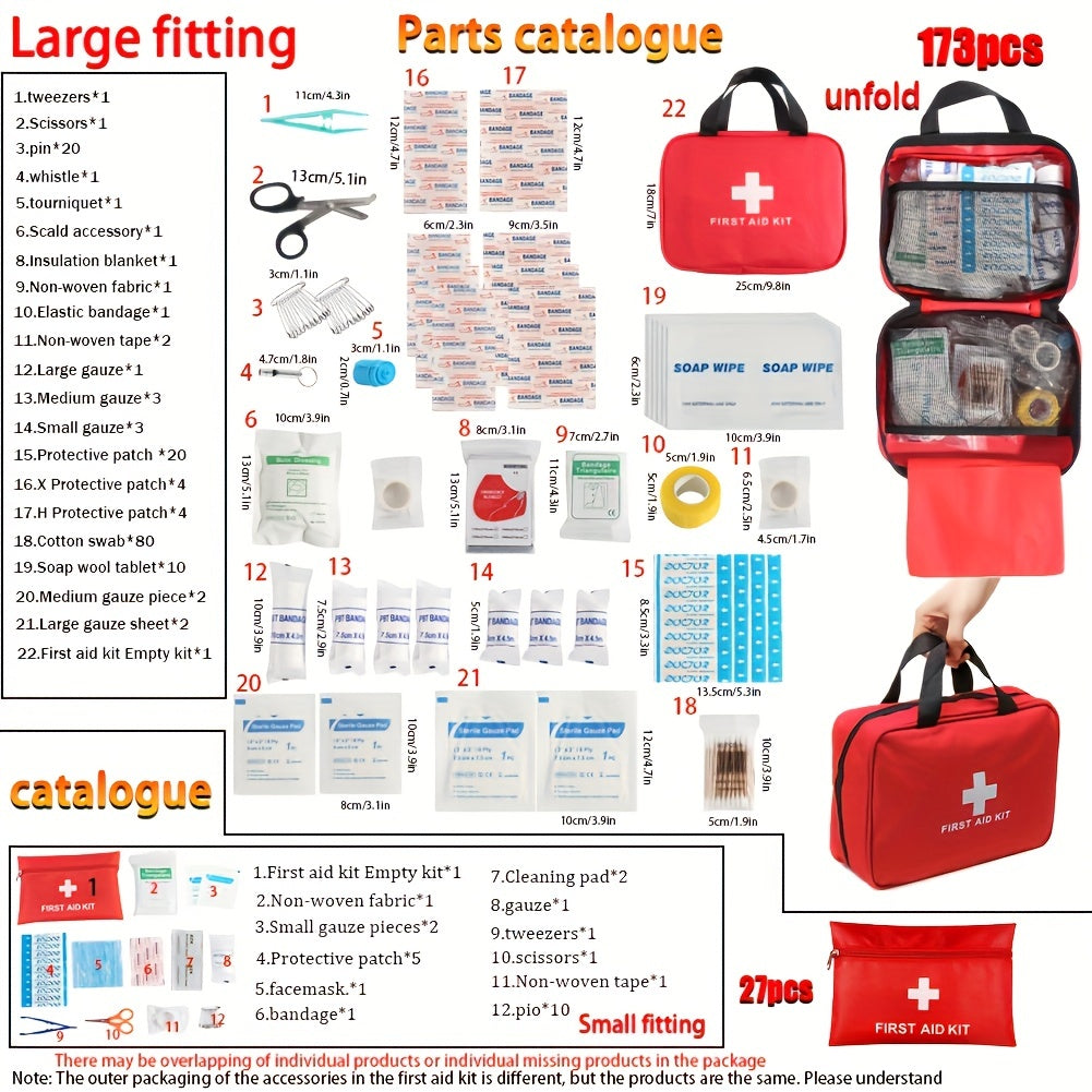 Comprehensive 27pc/173pc First Aid Kit - Compact & Portable Emergency Set for Outdoor Adventures, Camping, Hiking - Essential Safety Supplies Included