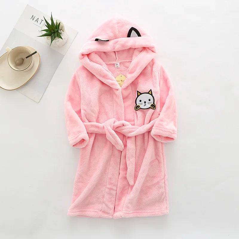 New Autumn Winter Kids Hooded Bathrobe Baby Bath Robes Boys Girls Cartoon Rabbit Panda Flannel Pajamas Long Sleeve Towel Robe