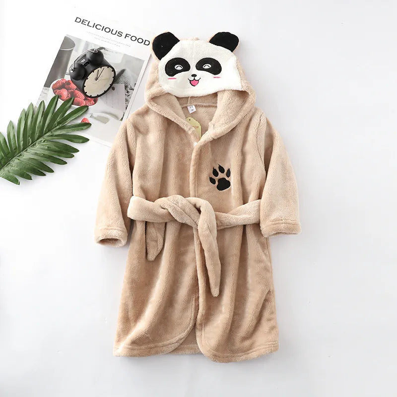 New Autumn Winter Kids Hooded Bathrobe Baby Bath Robes Boys Girls Cartoon Rabbit Panda Flannel Pajamas Long Sleeve Towel Robe