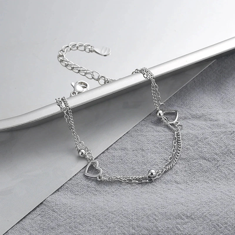 VENTFILLE Silver Double Love Heart Hollow Round Beads Bracelet Female