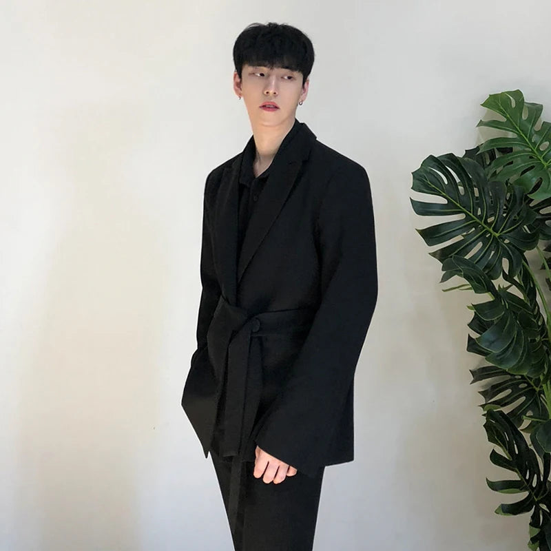 IEFB /men's Wear Casual Black Suit Loose Coat Self-cultivation Trend Handsome Small Blazers With Belt Design