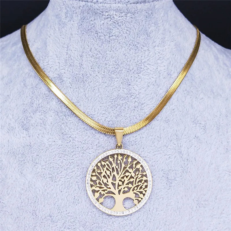 Fashion Tree of Life Stainless Steel Crystal Necklaces Pendants Women Gold