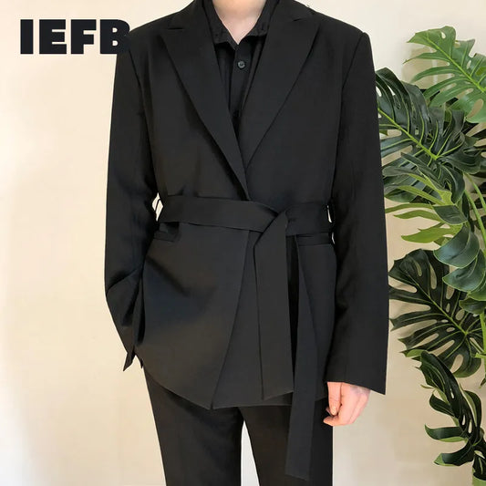 IEFB /men's Wear Casual Black Suit Loose Coat Self-cultivation Trend Handsome Small Blazers With Belt Design