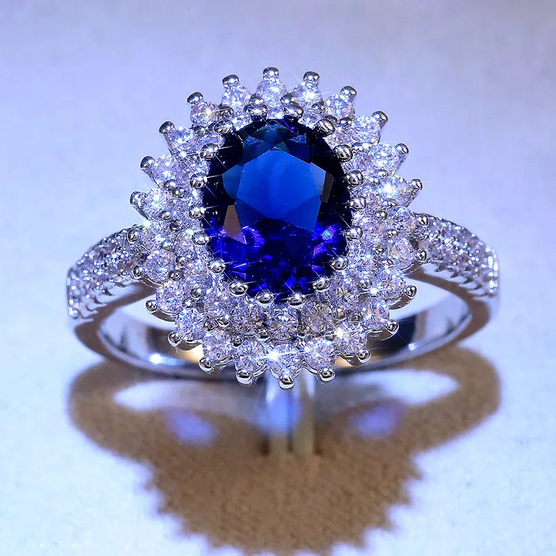 CAOSHI Luxury Blue Crystal Stone Rings with Tiny Flower Cubic Zirconia