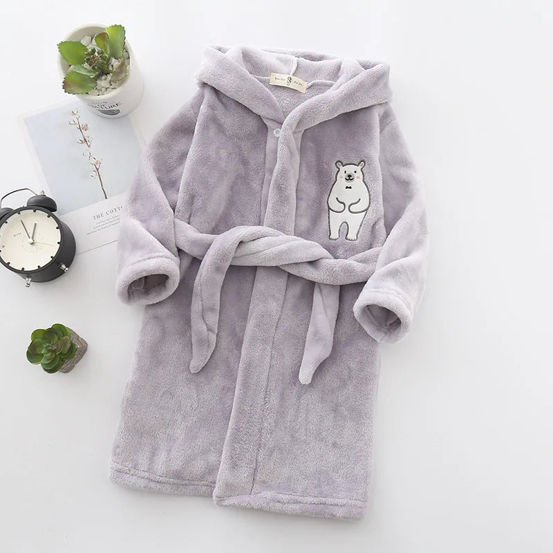 New Autumn Winter Kids Hooded Bathrobe Baby Bath Robes Boys Girls Cartoon Rabbit Panda Flannel Pajamas Long Sleeve Towel Robe