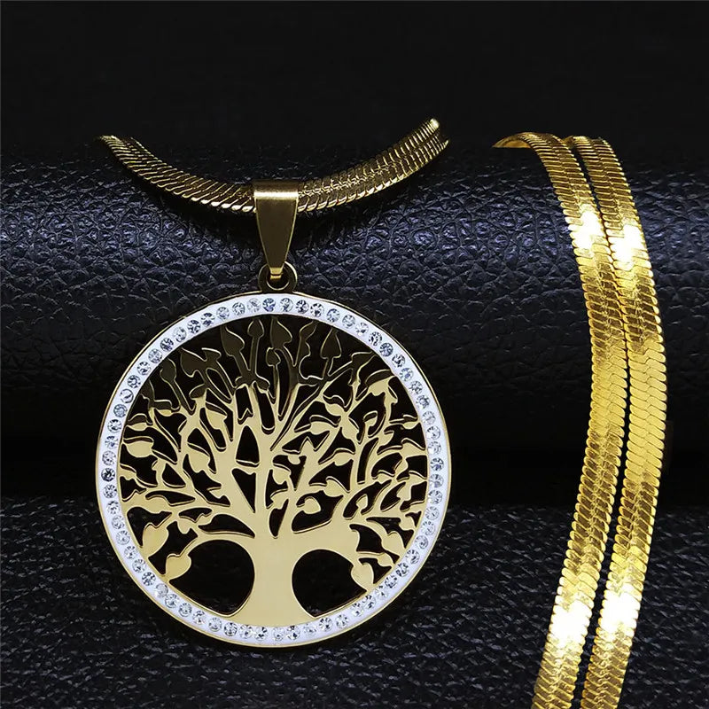 Fashion Tree of Life Stainless Steel Crystal Necklaces Pendants Women Gold