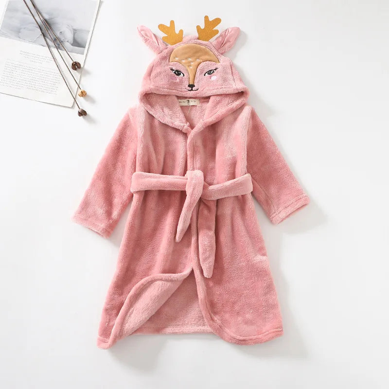 New Autumn Winter Kids Hooded Bathrobe Baby Bath Robes Boys Girls Cartoon Rabbit Panda Flannel Pajamas Long Sleeve Towel Robe