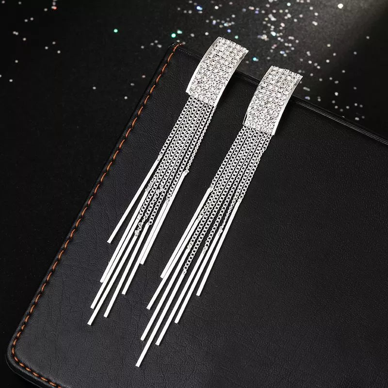 New Gold Color Long Crystal Tassel clip on Earrings