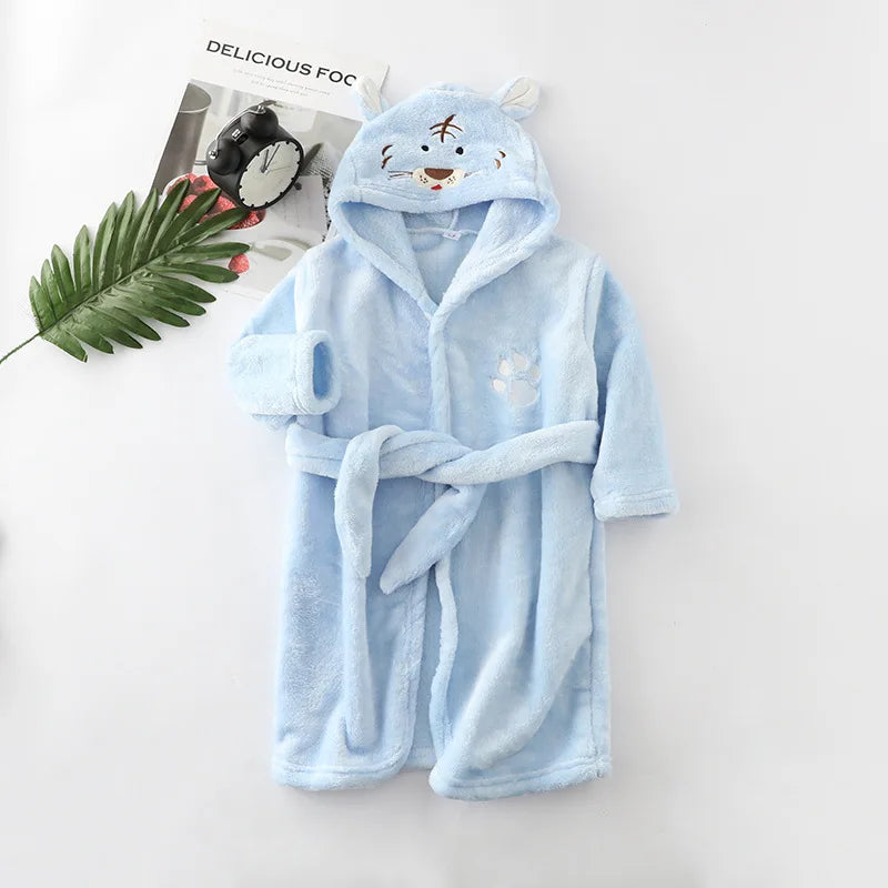 New Autumn Winter Kids Hooded Bathrobe Baby Bath Robes Boys Girls Cartoon Rabbit Panda Flannel Pajamas Long Sleeve Towel Robe