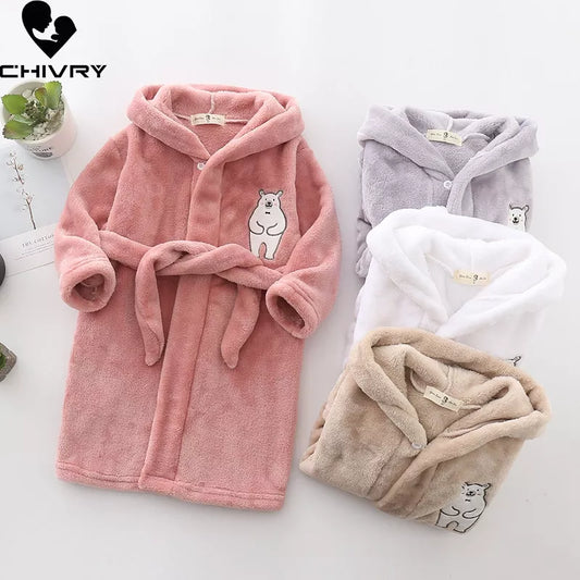 New Autumn Winter Kids Hooded Bathrobe Baby Bath Robes Boys Girls Cartoon Rabbit Panda Flannel Pajamas Long Sleeve Towel Robe