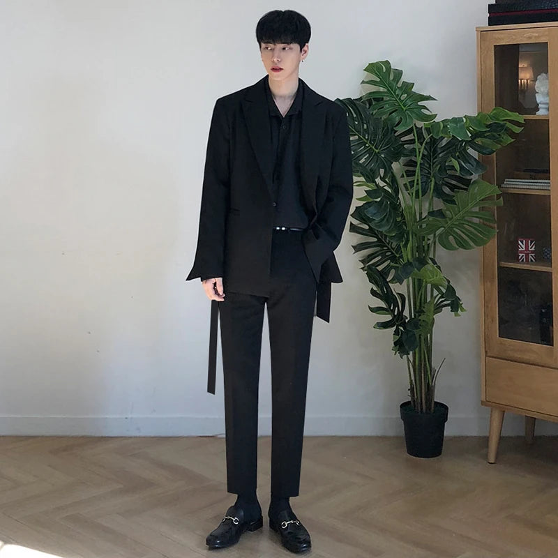 IEFB /men's Wear Casual Black Suit Loose Coat Self-cultivation Trend Handsome Small Blazers With Belt Design