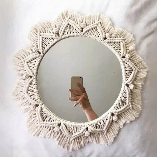 Boho Macrame Round Mirror Decorative Mirrors Aesthetic Room Decor Hanging Wall Mirror for Bedroom Living Room House Decoration