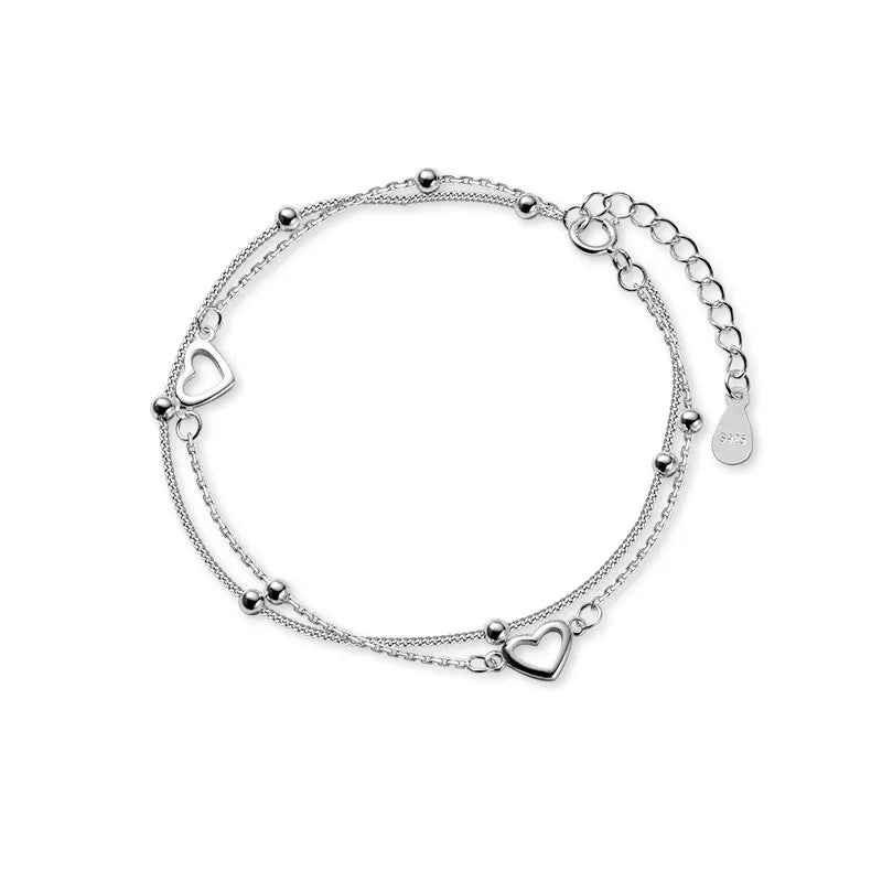 VENTFILLE Silver Double Love Heart Hollow Round Beads Bracelet Female