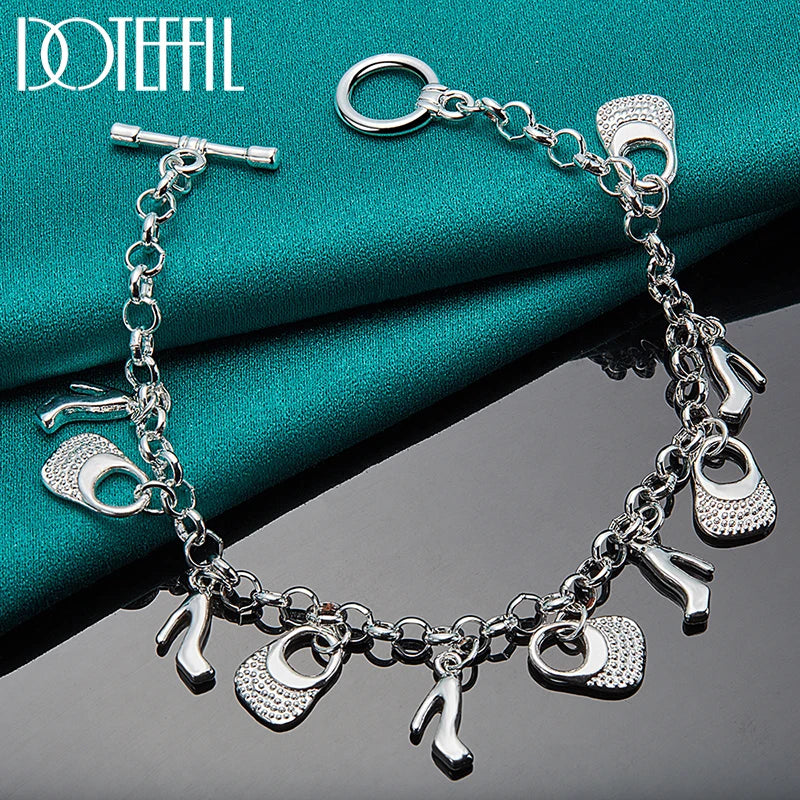 DOTEFFIL 925 Sterling Silver 24K Gold High Heels Bag Pendant Bracelets Chain For Women Charm