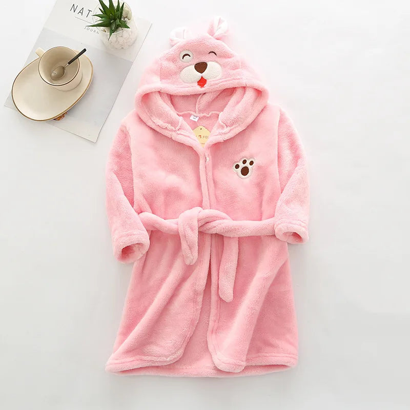 New Autumn Winter Kids Hooded Bathrobe Baby Bath Robes Boys Girls Cartoon Rabbit Panda Flannel Pajamas Long Sleeve Towel Robe