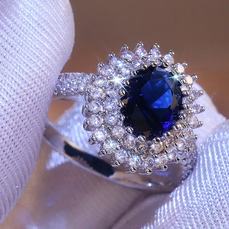 CAOSHI Luxury Blue Crystal Stone Rings with Tiny Flower Cubic Zirconia