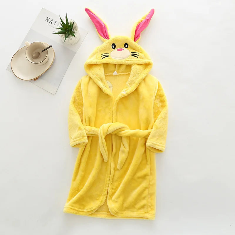 New Autumn Winter Kids Hooded Bathrobe Baby Bath Robes Boys Girls Cartoon Rabbit Panda Flannel Pajamas Long Sleeve Towel Robe