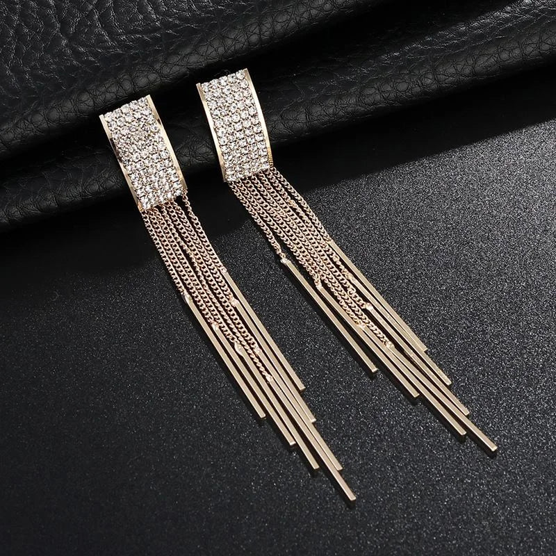 New Gold Color Long Crystal Tassel clip on Earrings