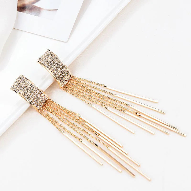 New Gold Color Long Crystal Tassel clip on Earrings