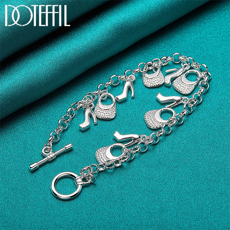 DOTEFFIL 925 Sterling Silver 24K Gold High Heels Bag Pendant Bracelets Chain For Women Charm