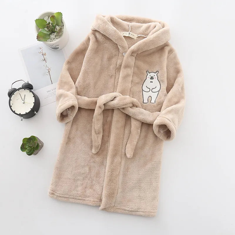 New Autumn Winter Kids Hooded Bathrobe Baby Bath Robes Boys Girls Cartoon Rabbit Panda Flannel Pajamas Long Sleeve Towel Robe