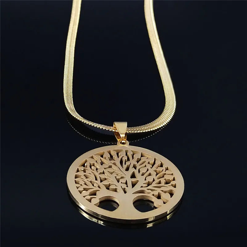 Fashion Tree of Life Stainless Steel Crystal Necklaces Pendants Women Gold