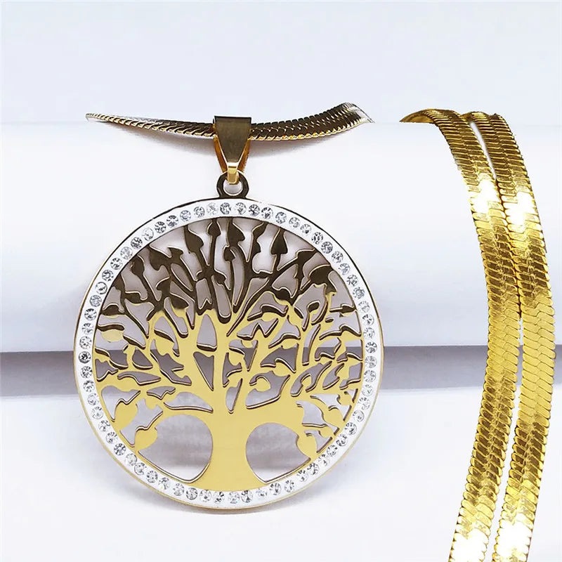 Fashion Tree of Life Stainless Steel Crystal Necklaces Pendants Women Gold