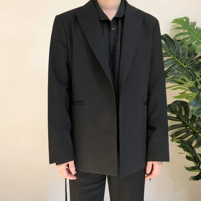 IEFB /men's Wear Casual Black Suit Loose Coat Self-cultivation Trend Handsome Small Blazers With Belt Design