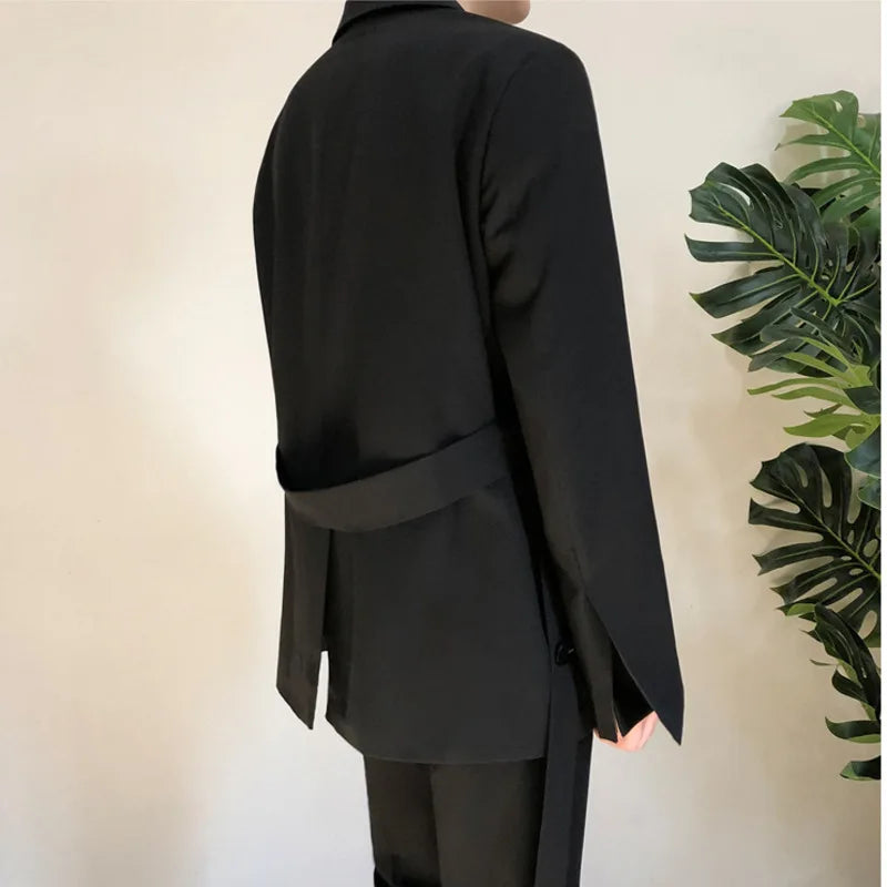 IEFB /men's Wear Casual Black Suit Loose Coat Self-cultivation Trend Handsome Small Blazers With Belt Design