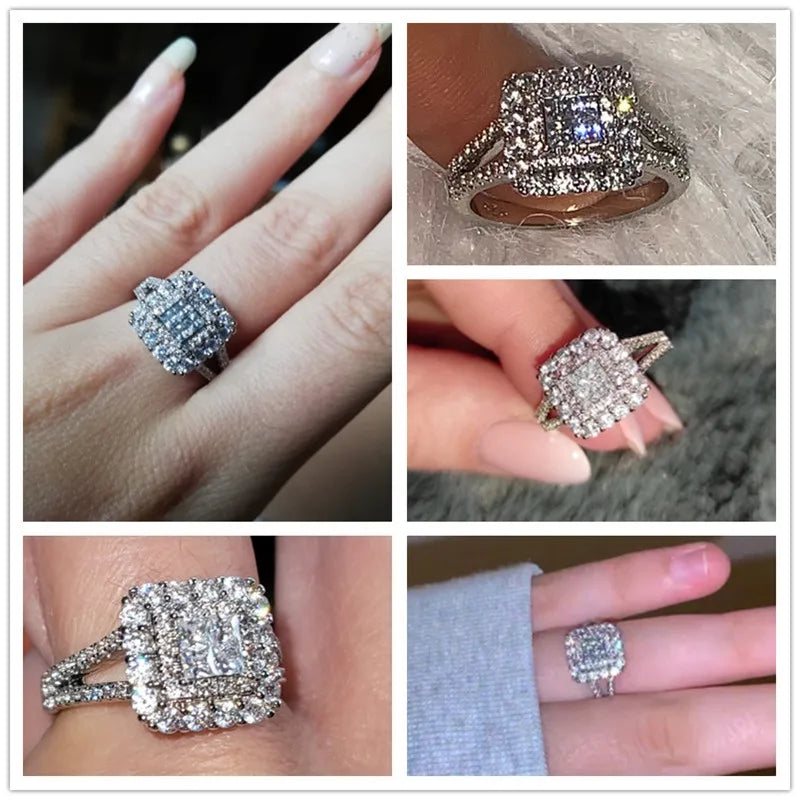 Huitan Gorgeous Square Shape Women Ring Full Bling Iced Out Micro Pave Crystal Zircon Dazzling Bridal