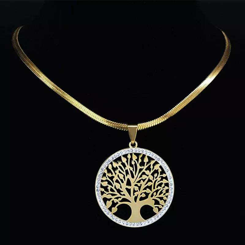 Fashion Tree of Life Stainless Steel Crystal Necklaces Pendants Women Gold