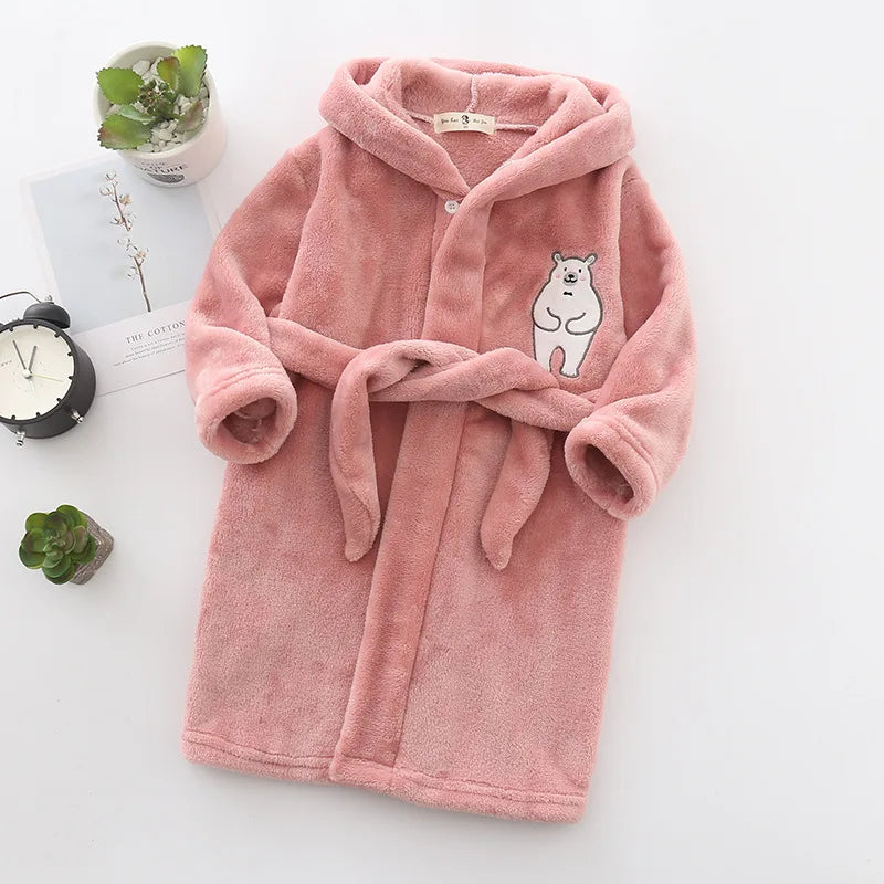 New Autumn Winter Kids Hooded Bathrobe Baby Bath Robes Boys Girls Cartoon Rabbit Panda Flannel Pajamas Long Sleeve Towel Robe