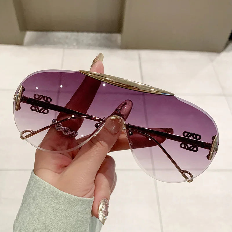Cutting rimless oversize one piece shield sunglasses for women fashion alloy big frame gradient Y2K sun glasses ladies shades