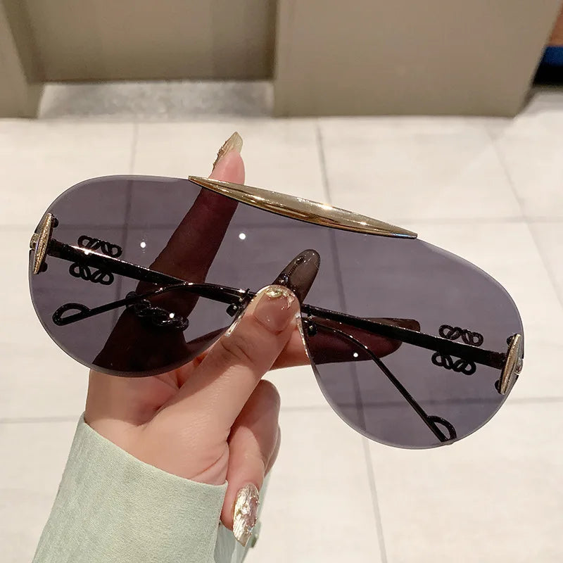Cutting rimless oversize one piece shield sunglasses for women fashion alloy big frame gradient Y2K sun glasses ladies shades