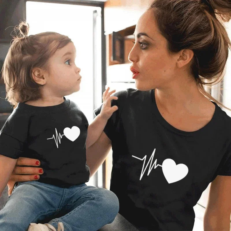 1PC Electrocardiogram Printed Family Matching Clothes T Shirt Fashion Mother and Daughter