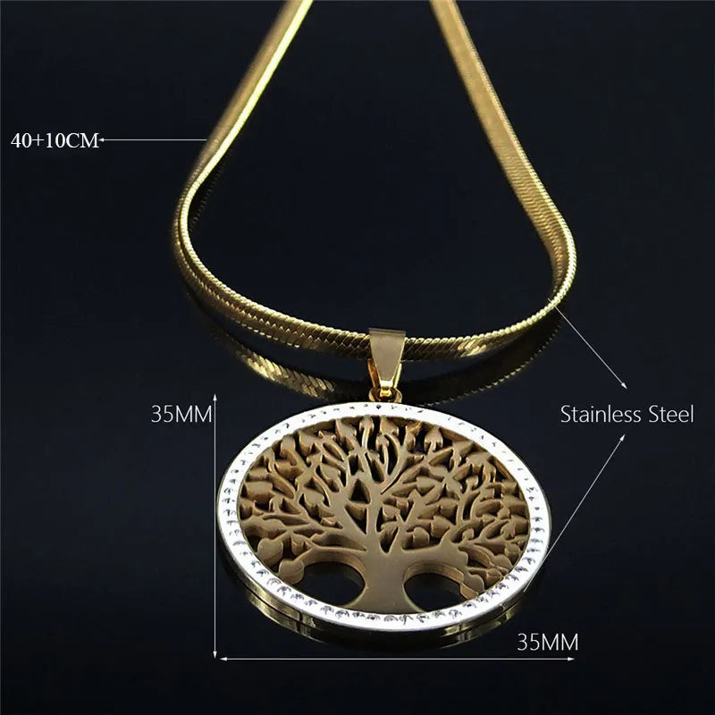 Fashion Tree of Life Stainless Steel Crystal Necklaces Pendants Women Gold