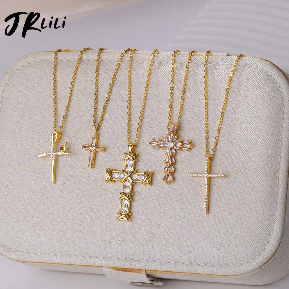 Zircon Cross Pendant Necklace for Women Gold Plated Stainless Steel Collar Necklaces