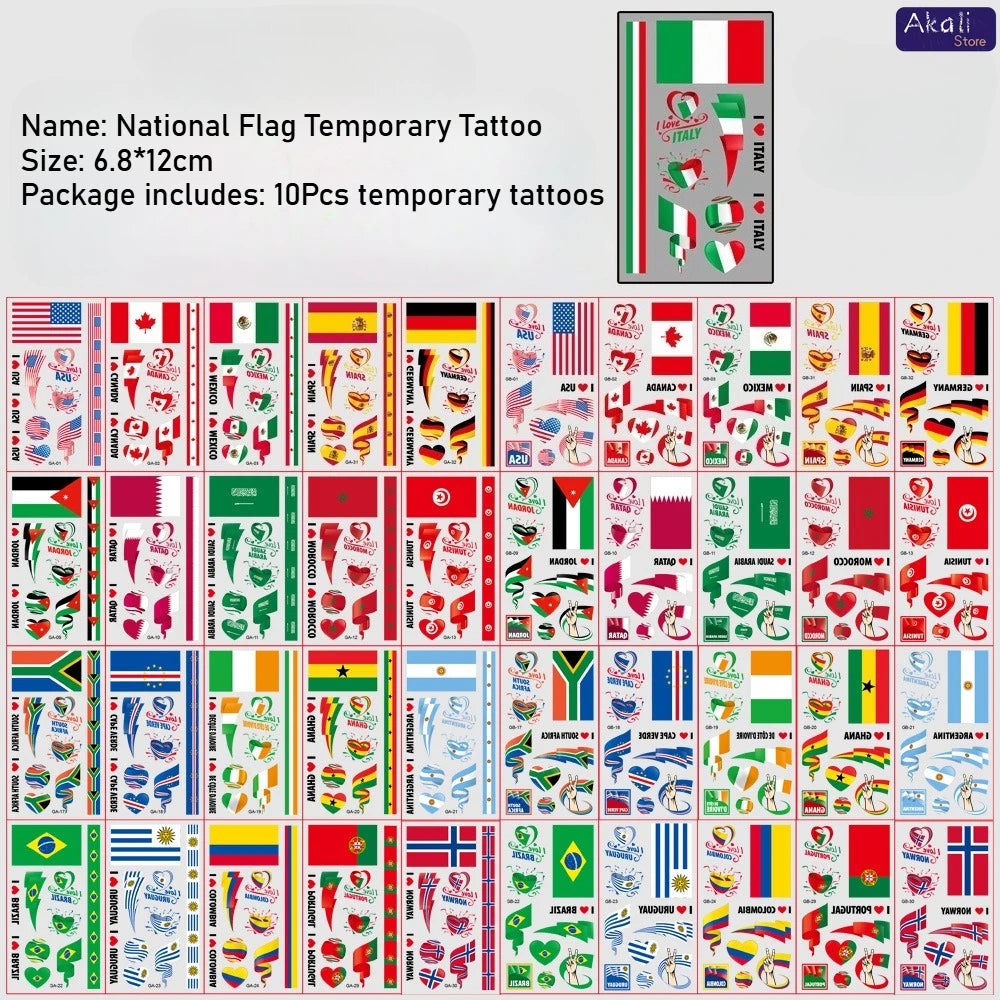 10Pcs Waterproof National Flag Temporary Tattoos for 2026 World Cup Face Body Stickers for Football Fans Match Day Decorations