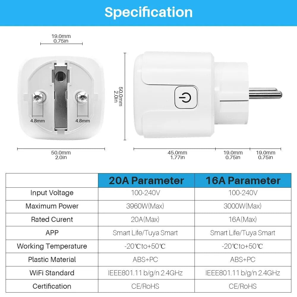 Tuya 16A 20A EU Smart Socket WiFi Smart Plug With Power Monitoring Timing Function Voice Control Alexa Google Assistant