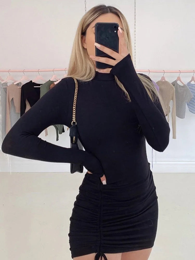 Long Sleeve Ruched Dress Women Turtleneck