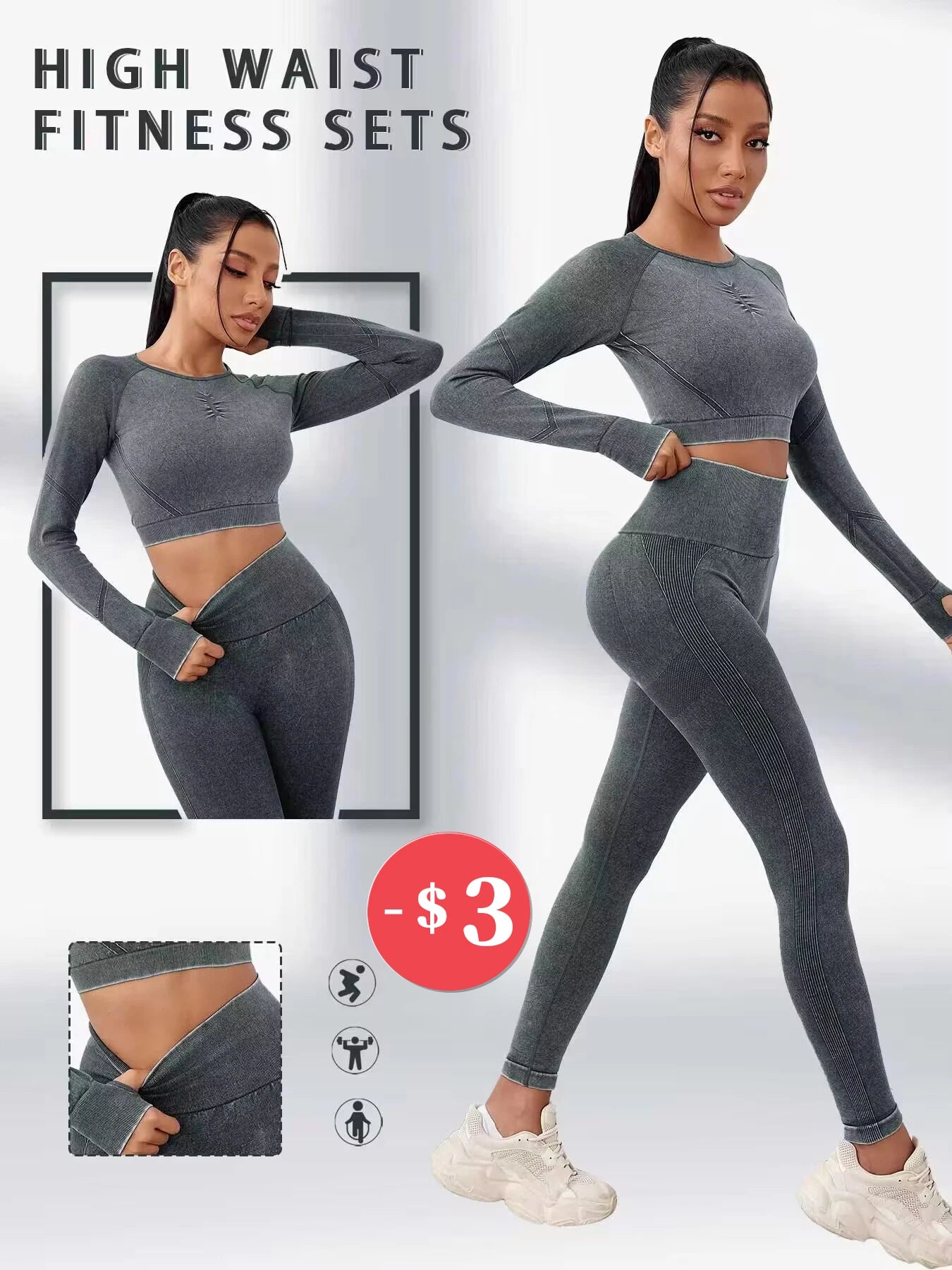 NORMOV 2PCS Seamless Yoga Sets Women Wash Gym Sports Set Long Sleeve Fitness Sets Butt Lift Scrunch Workout Yoga Suits