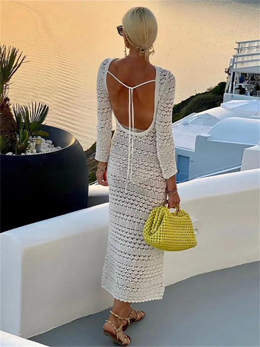 wsevypo Backless Tie Up Knit Crochet Beach Long Dress Women