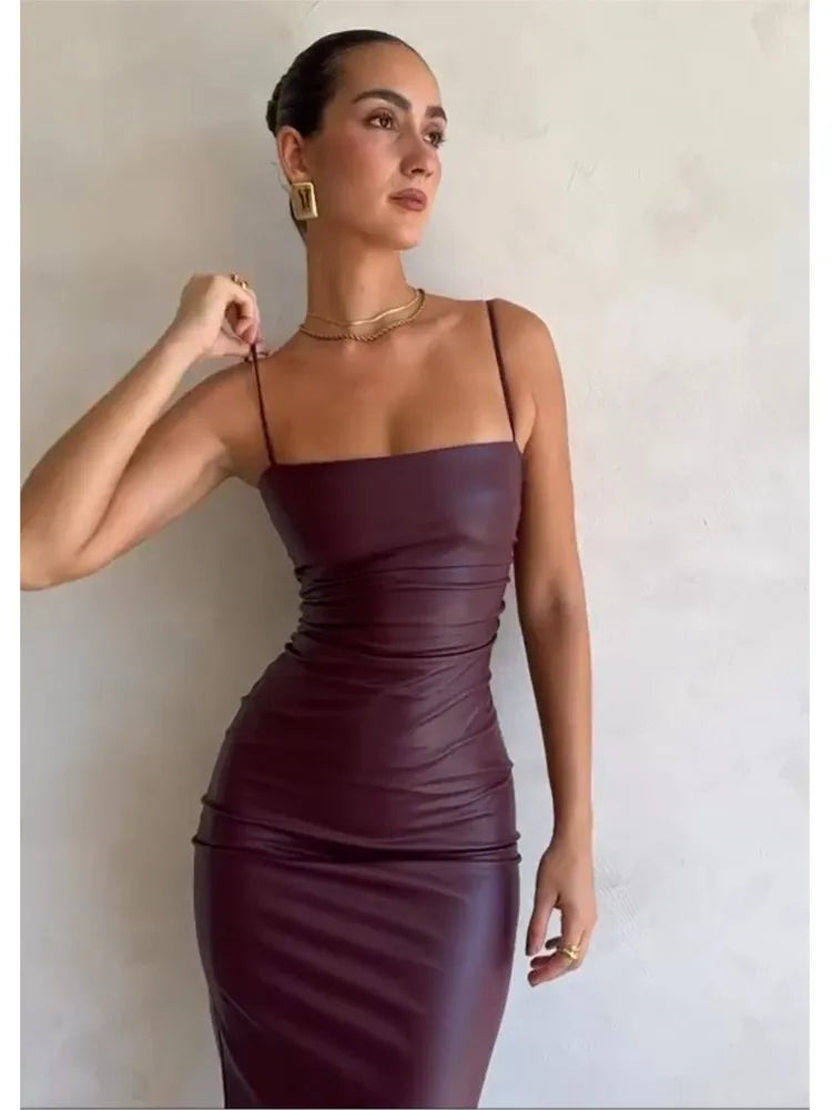 Sexy Bandage Backless Pu Leather Dress Women Elegant